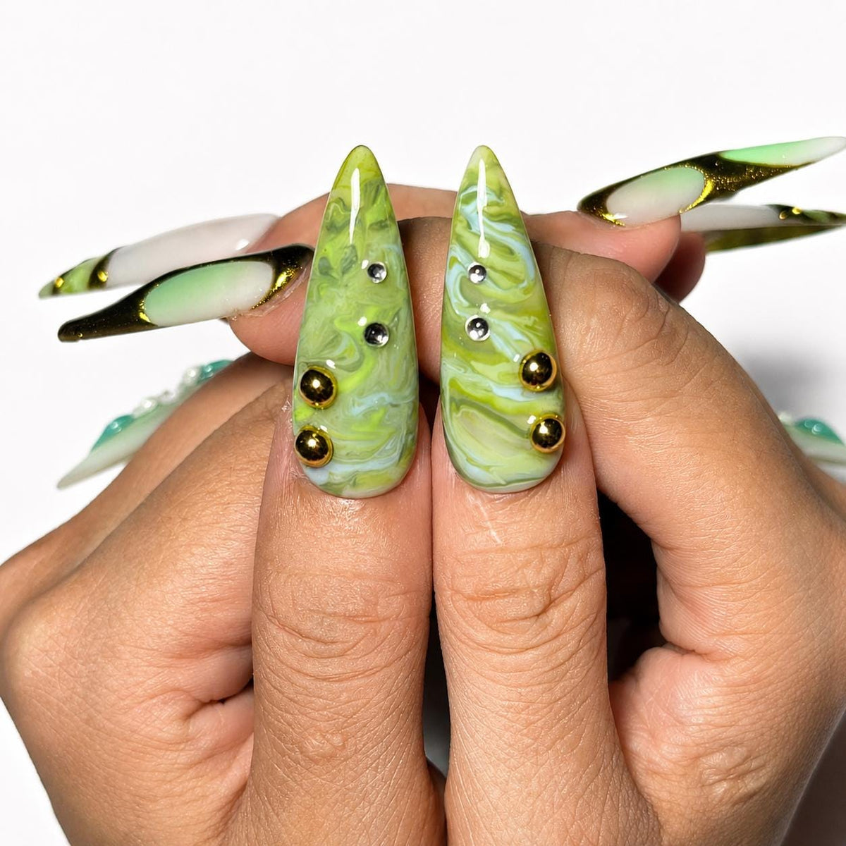 Green Marble Press On Nails | Botanical 3D Flower Nail Set | Gold Chrome Pearl Nails | Nature Inspired Luxury Nails | JC454JC
