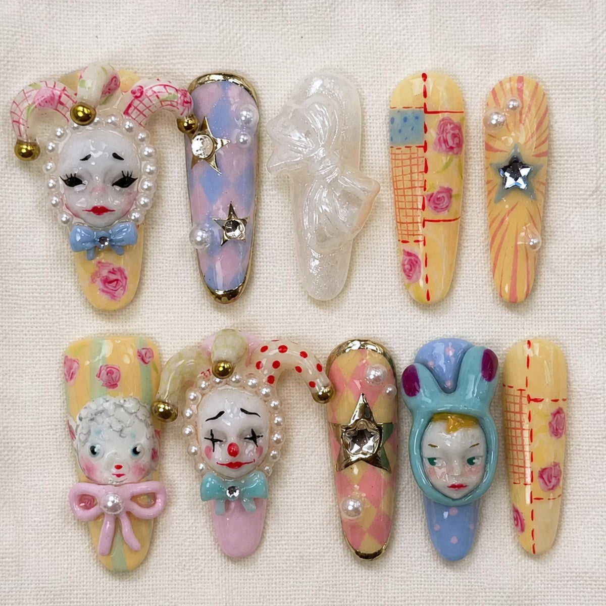 3D Harlequin Press On Nails, Clowncore Handmade Fake Nails, Pastel Jester Doll Nail Set