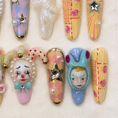 3D Harlequin Press On Nails, Clowncore Handmade Fake Nails, Pastel Jester Doll Nail Set