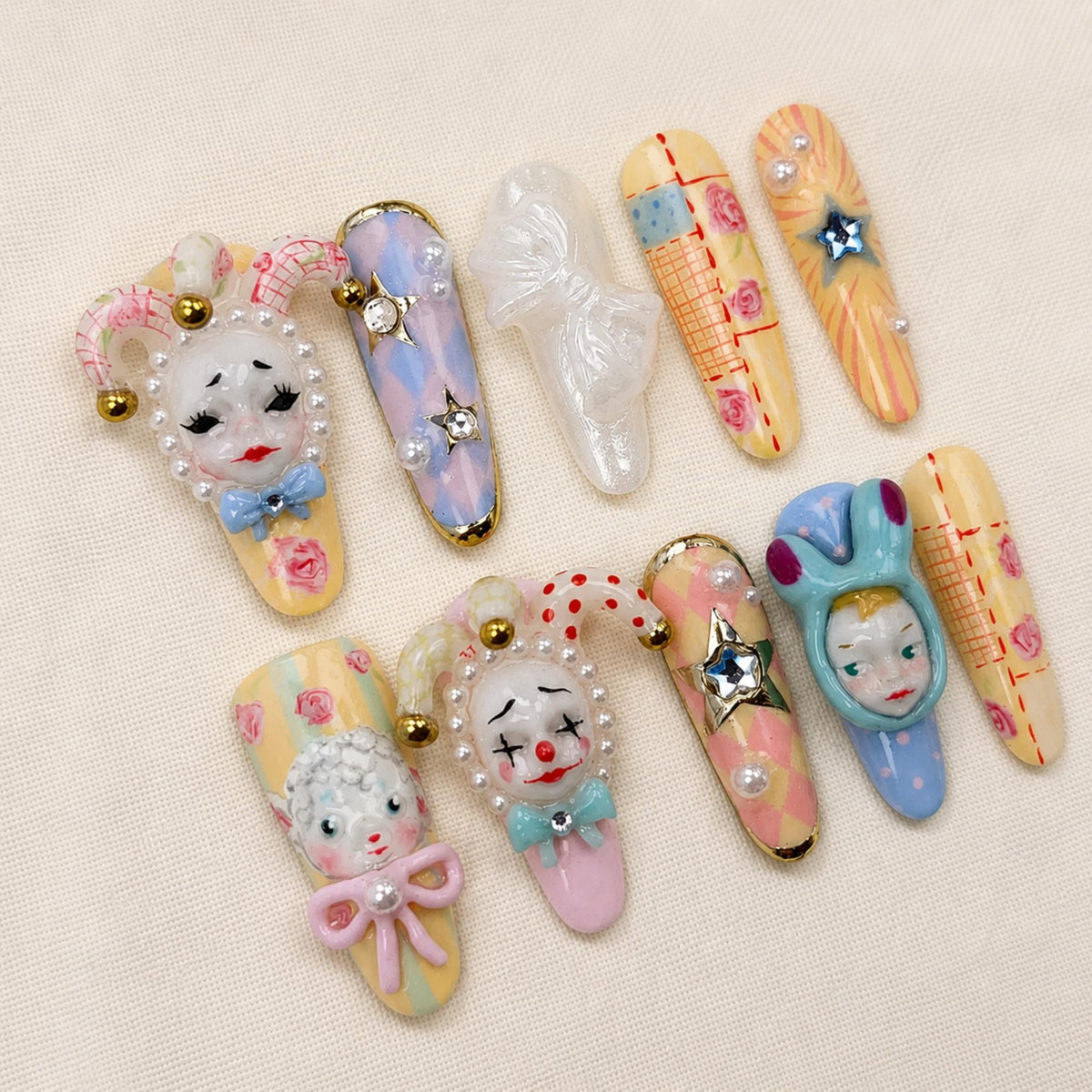 3D Harlequin Press On Nails, Clowncore Handmade Fake Nails, Pastel Jester Doll Nail Set