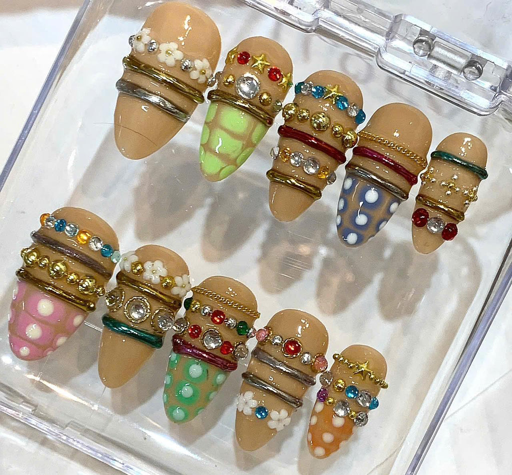 3D Press On Nails, Rhinestone Polka Dot Harajuku Nail Set, Reusable False Nails