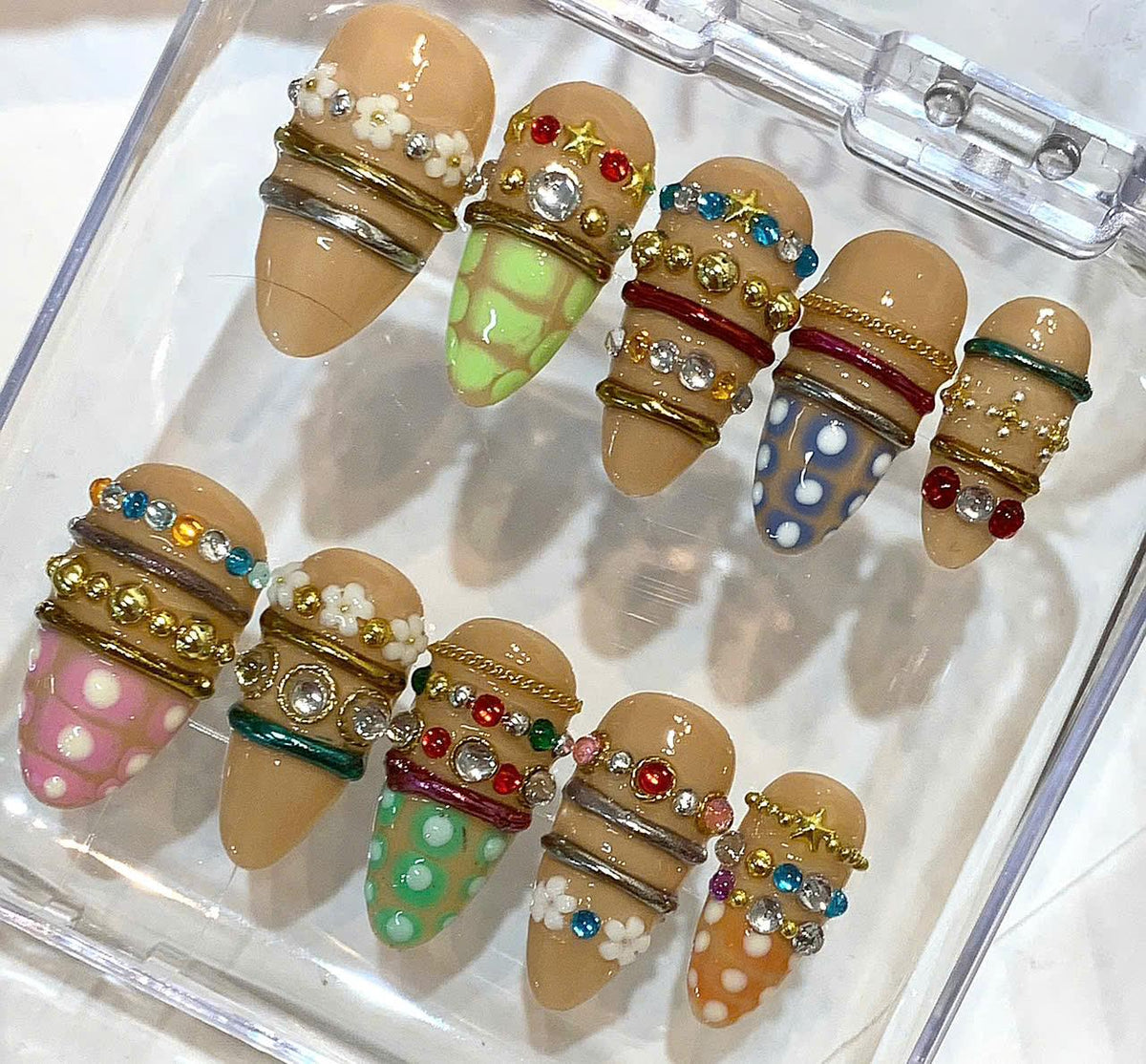 3D Press On Nails, Rhinestone Polka Dot Harajuku Nail Set, Reusable False Nails