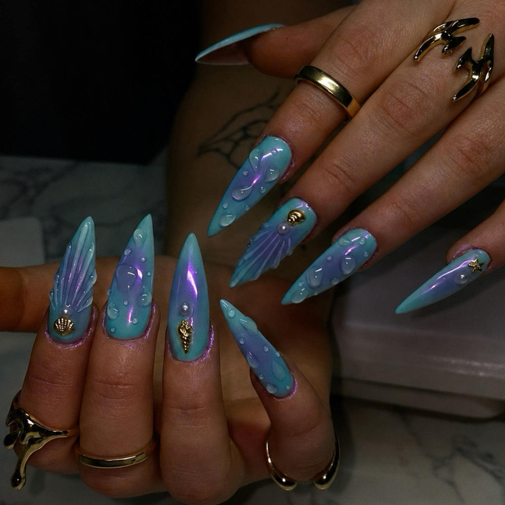 Blue Aura Mermaid Press On Nails |  3D Ocean Iridescent Art | Blue Purple Nail Set