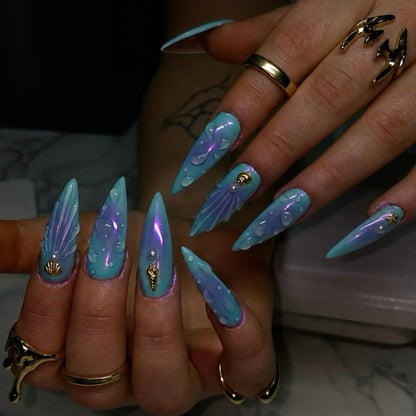 Blue Aura Mermaid Press On Nails |  3D Ocean Iridescent Art | Blue Purple Nail Set