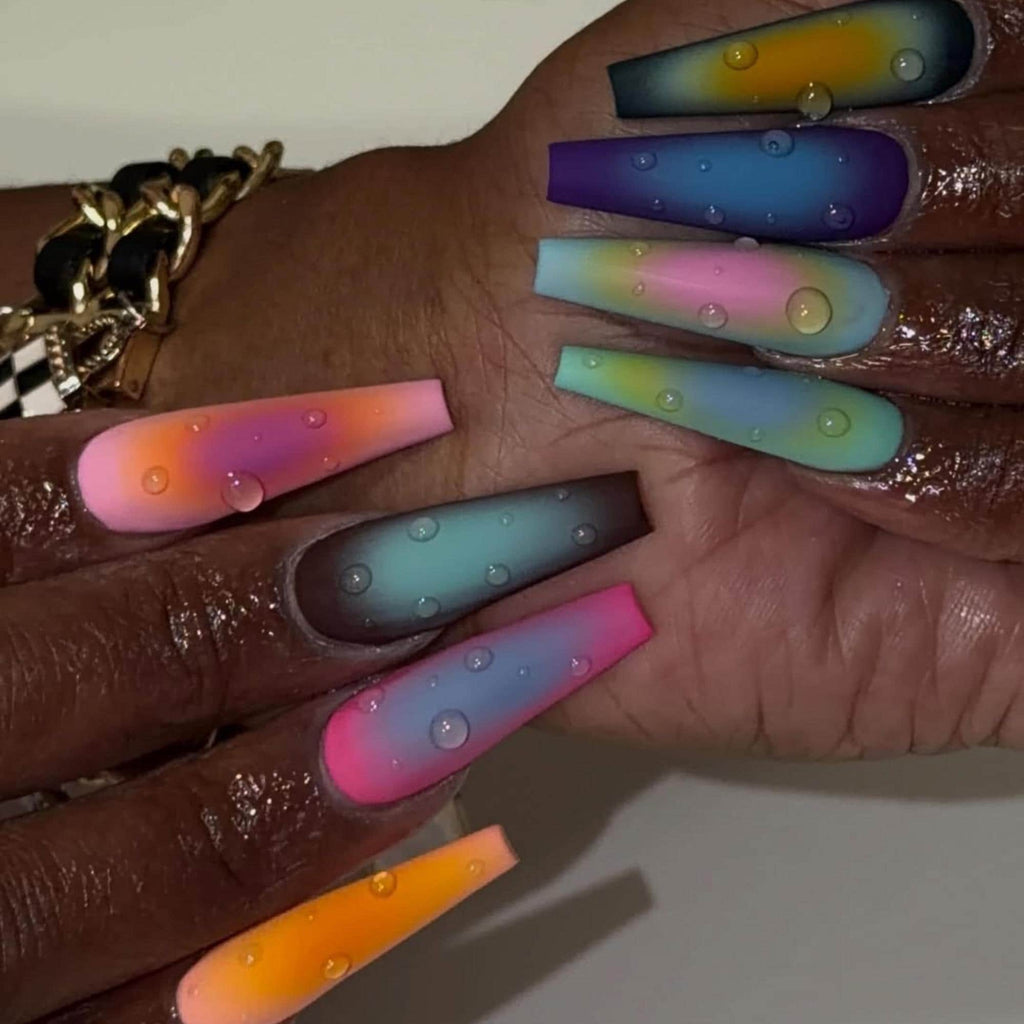 Airbrush Aura Press On Nails, Colorful Rainbow Matte Coffin Nails