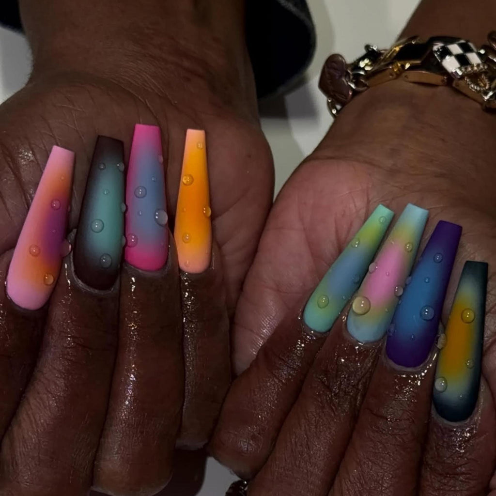 Airbrush Aura Press On Nails, Colorful Rainbow Matte Coffin Nails