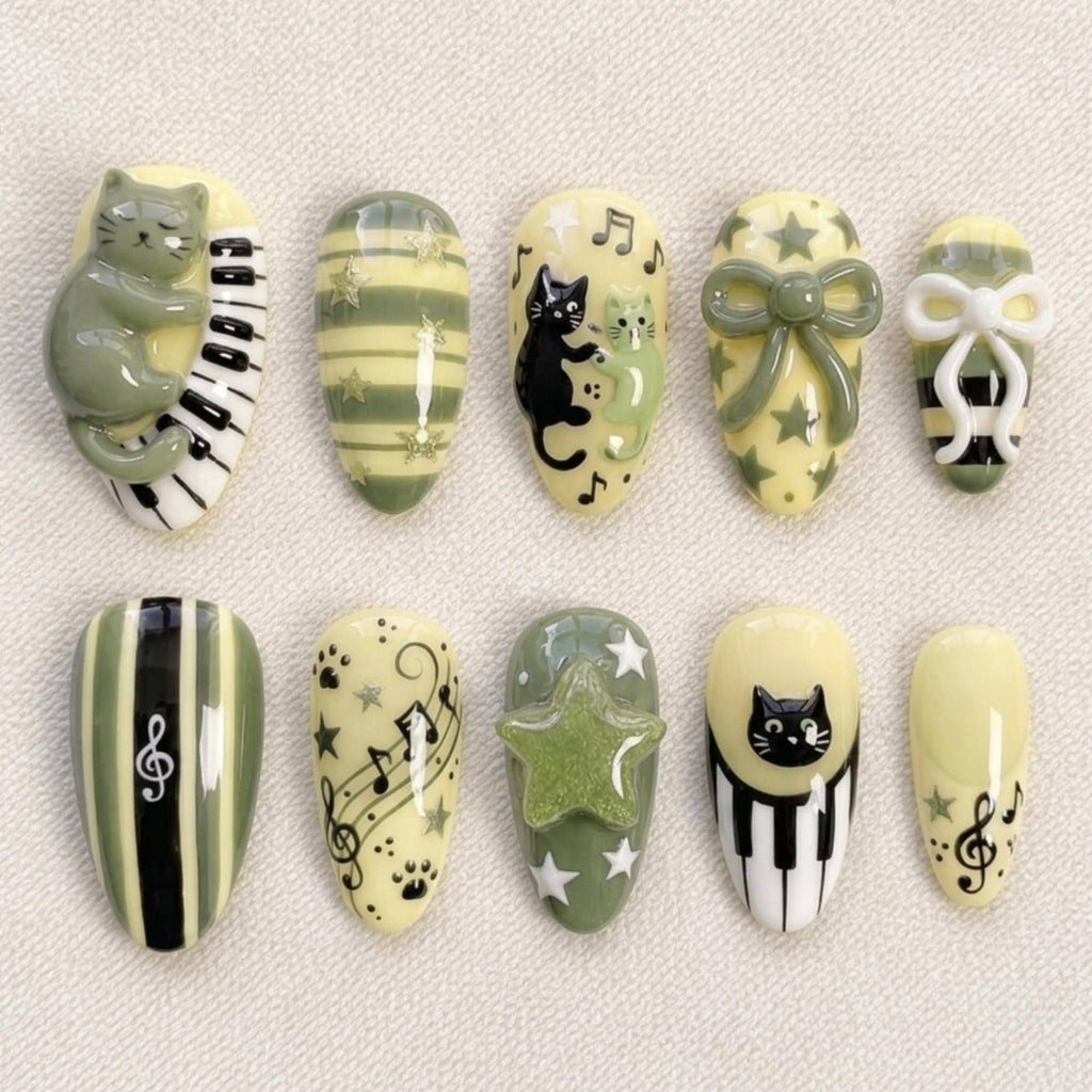 3D Cat Piano Press On Nails, Kawaii Music Note Nails, Sage Green Handmade Nails, Music Lover Gift
