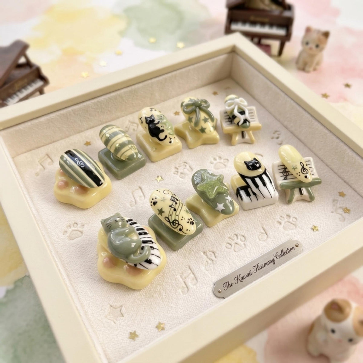3D Cat Piano Press On Nails, Kawaii Music Note Nails, Sage Green Handmade Nails, Music Lover Gift