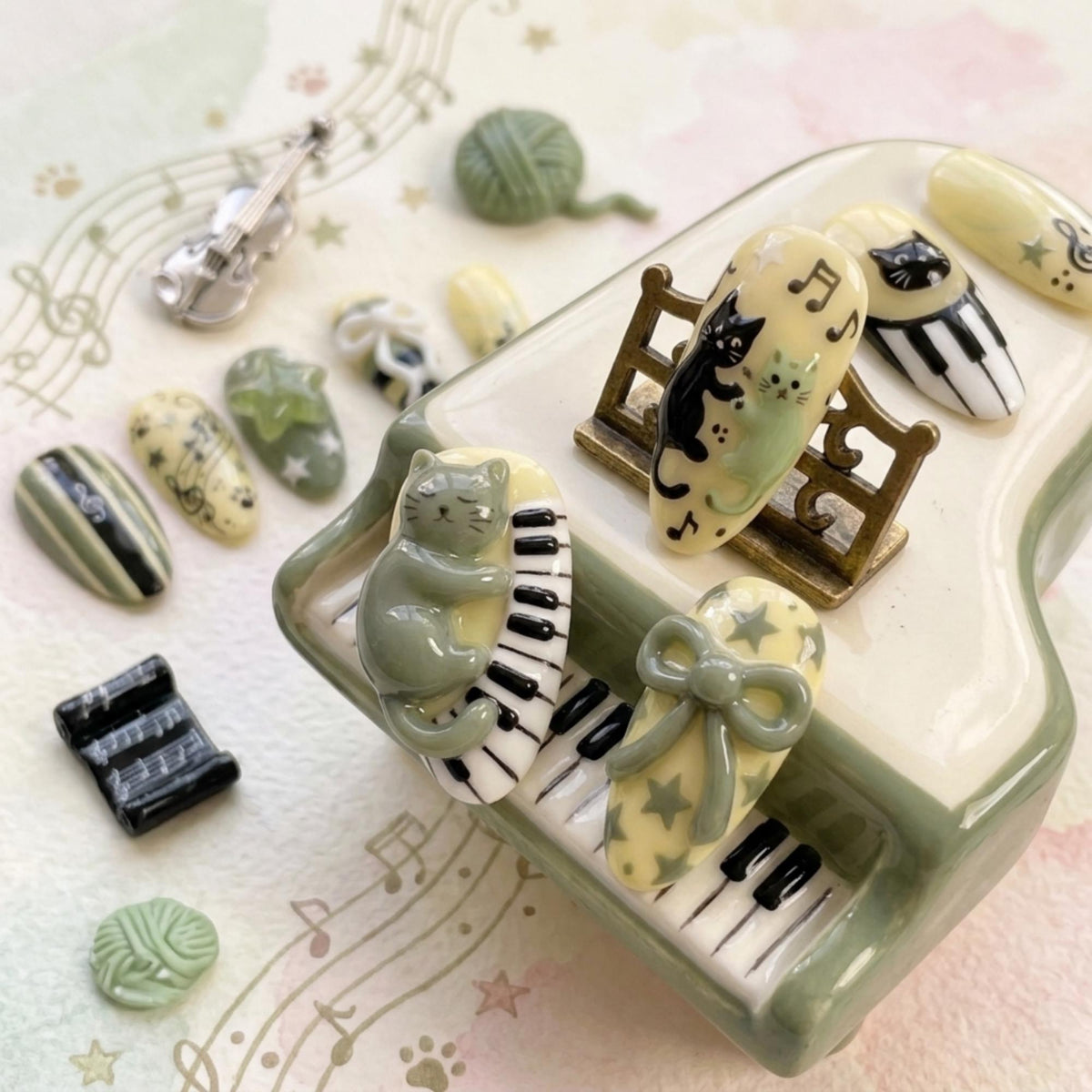 3D Cat Piano Press On Nails, Kawaii Music Note Nails, Sage Green Handmade Nails, Music Lover Gift