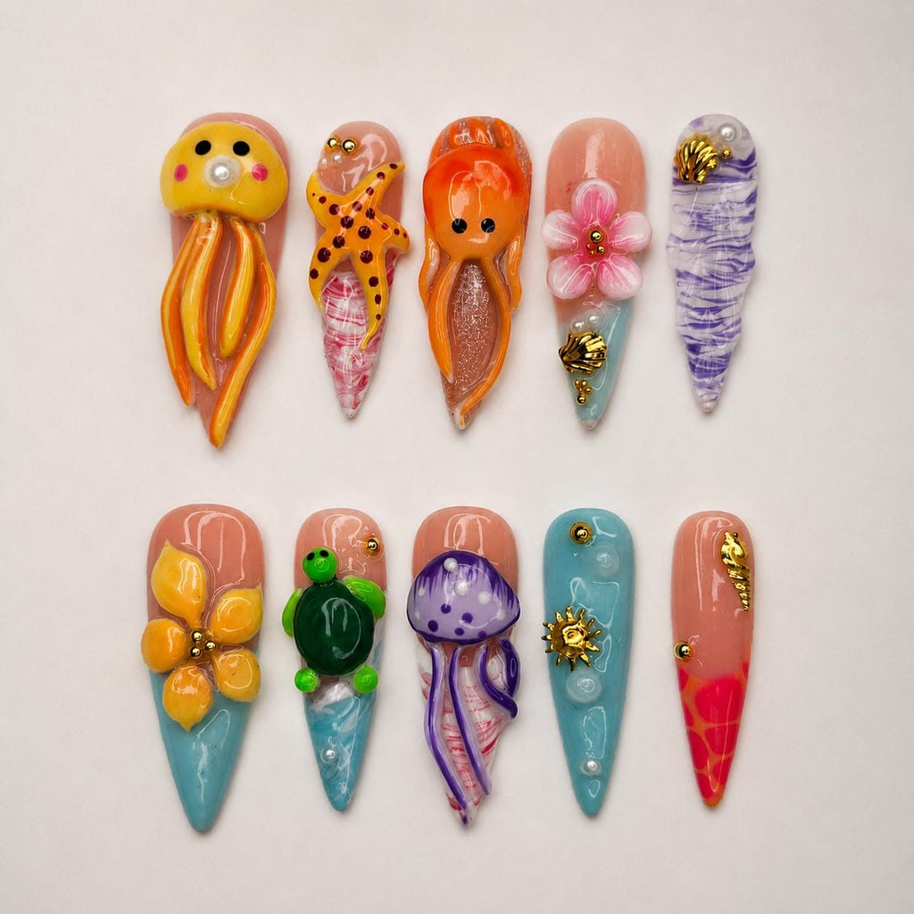 3D Sea Creature Press On Nails | Jellyfish Octopus Turtle Nail Set | Cute Tropical Ocean Nails | Handmade Summer Manicure | JB455JG