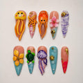 3D Sea Creature Press On Nails | Jellyfish Octopus Turtle Nail Set | Cute Tropical Ocean Nails | Handmade Summer Manicure | JB455JG