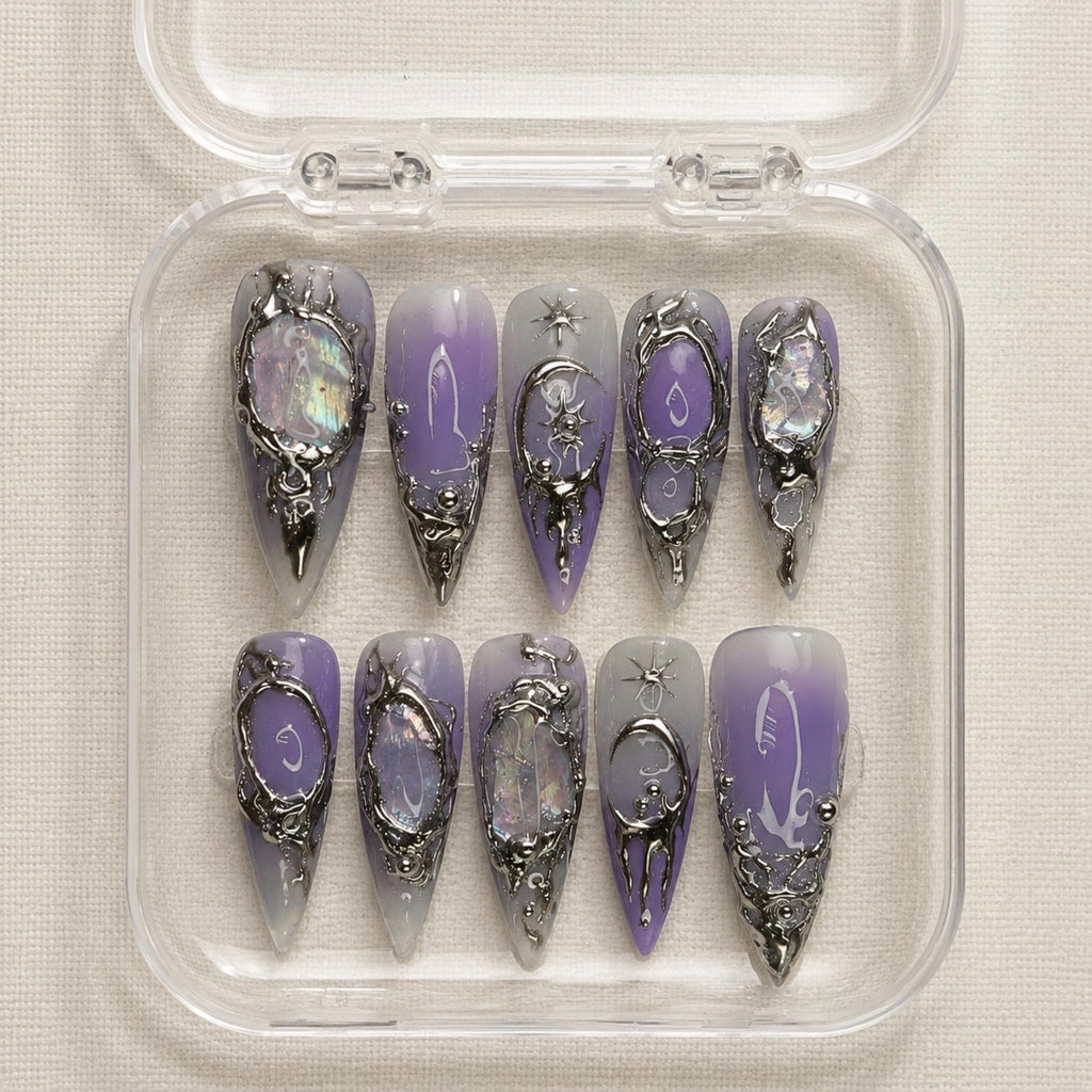 Purple Gothic Press On Nails, Dark Aura Celestial Chrome Nails