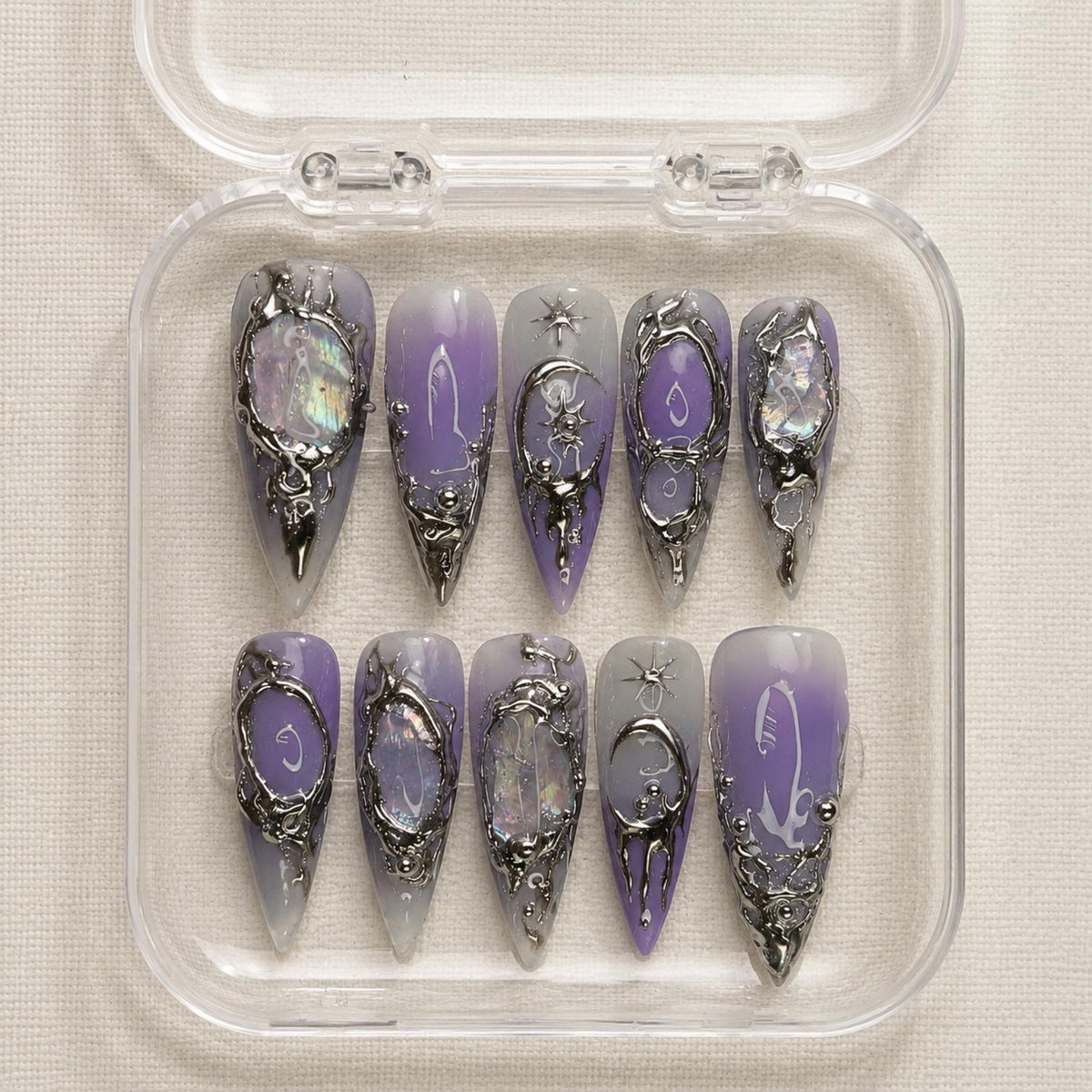 Purple Gothic Press On Nails, Dark Aura Celestial Chrome Nails
