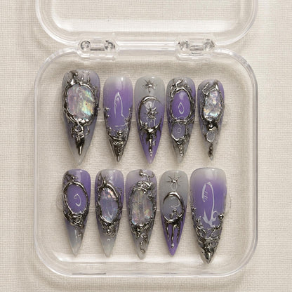 Purple Gothic Press On Nails, Dark Aura Celestial Chrome Nails