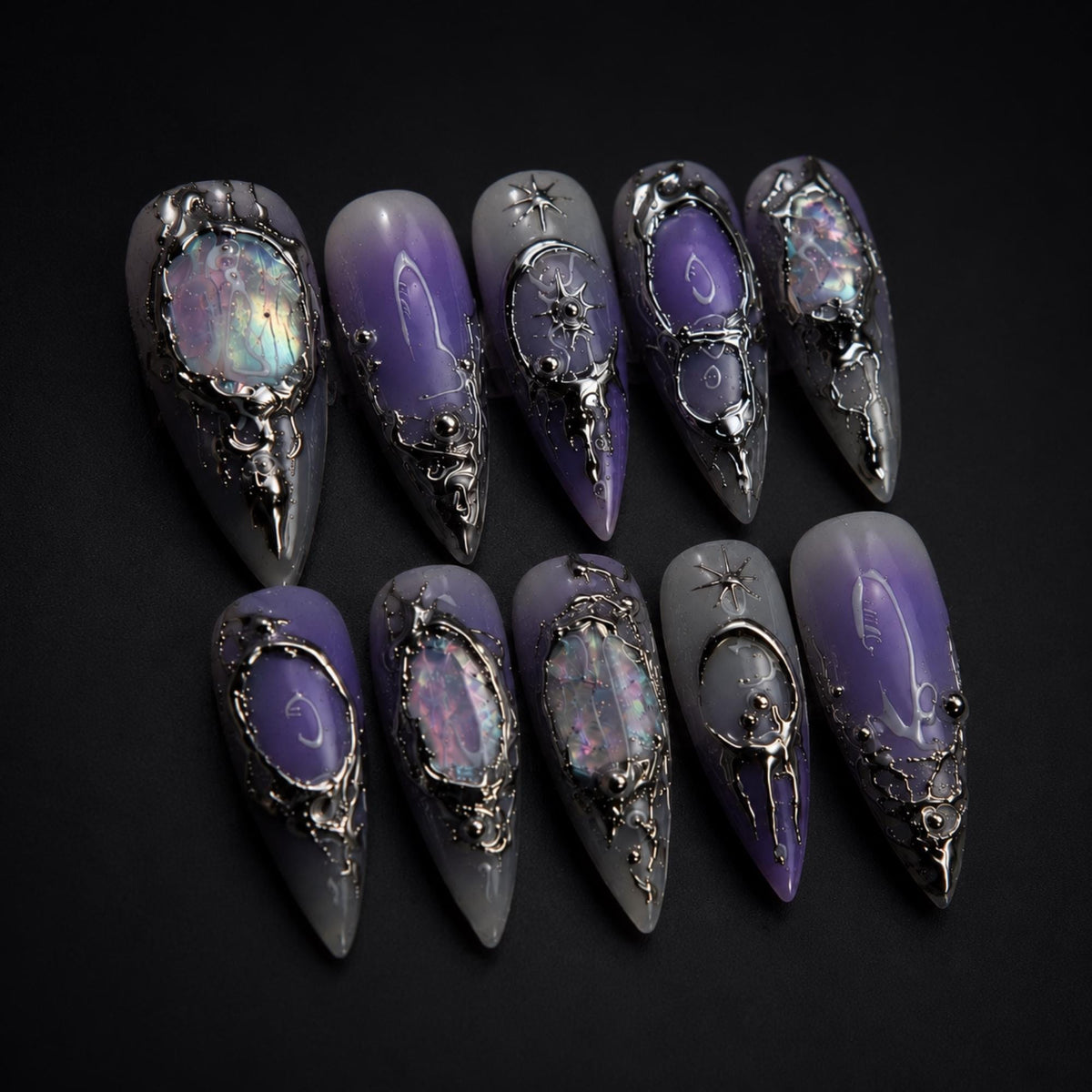 Purple Gothic Press On Nails, Dark Aura Celestial Chrome Nails
