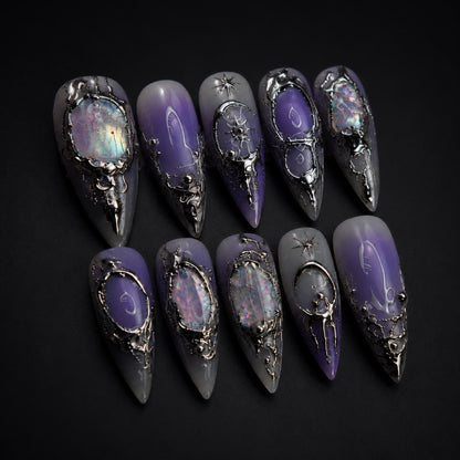 Purple Gothic Press On Nails, Dark Aura Celestial Chrome Nails