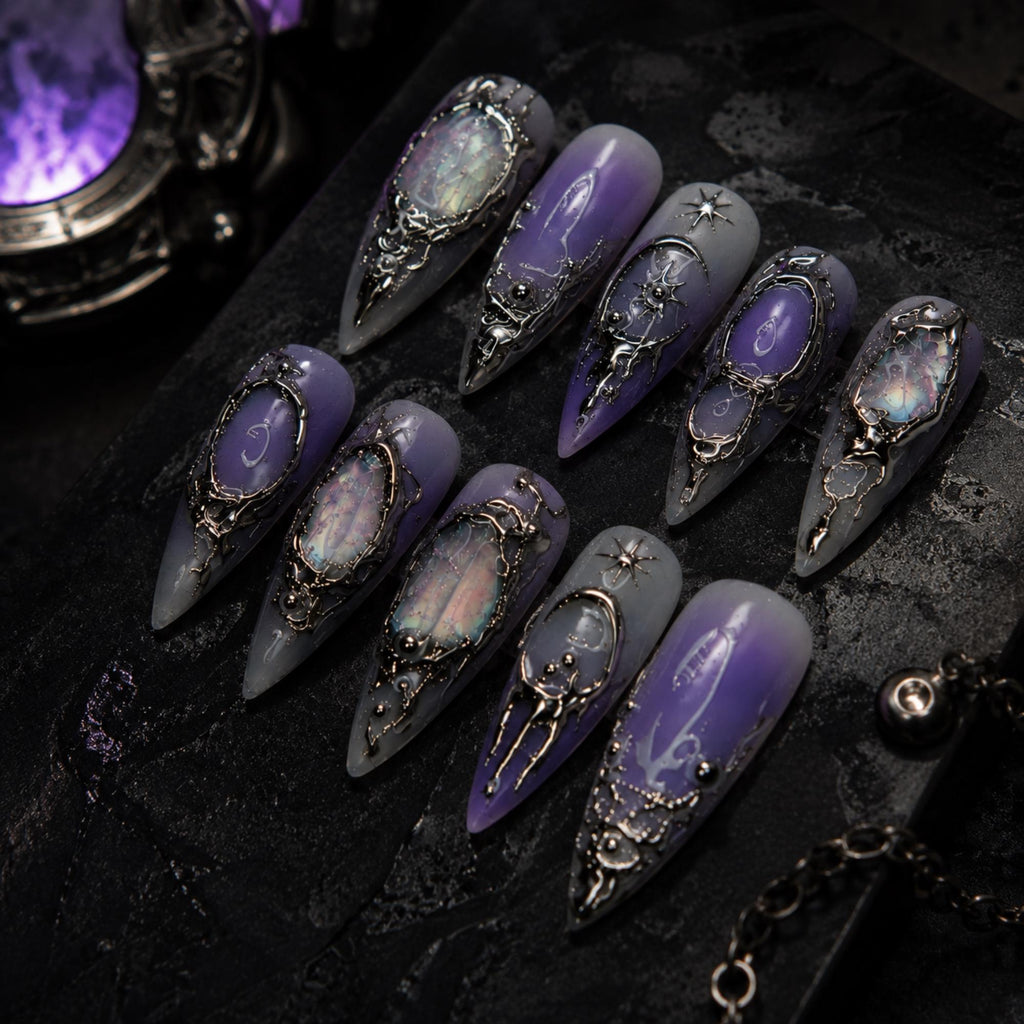 Purple Gothic Press On Nails, Dark Aura Celestial Chrome Nails