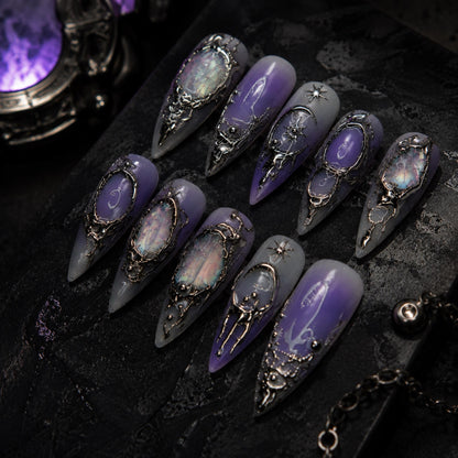 Purple Gothic Press On Nails, Dark Aura Celestial Chrome Nails