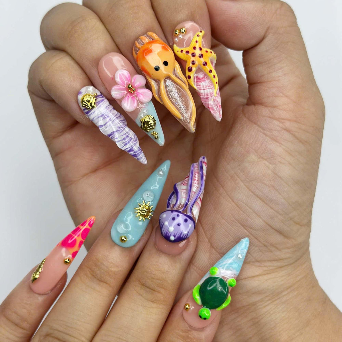 3D Sea Creature Press On Nails | Jellyfish Octopus Turtle Nail Set | Cute Tropical Ocean Nails | Handmade Summer Manicure | JB455JG