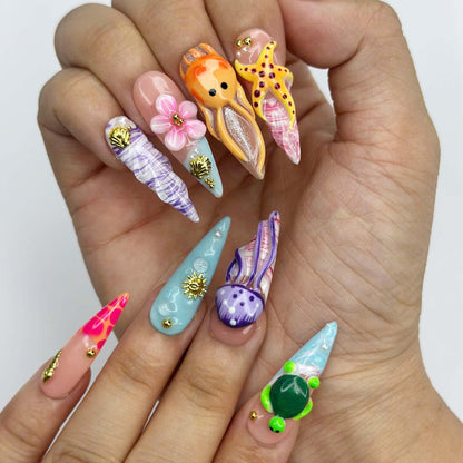 3D Sea Creature Press On Nails | Jellyfish Octopus Turtle Nail Set | Cute Tropical Ocean Nails | Handmade Summer Manicure | JB455JG
