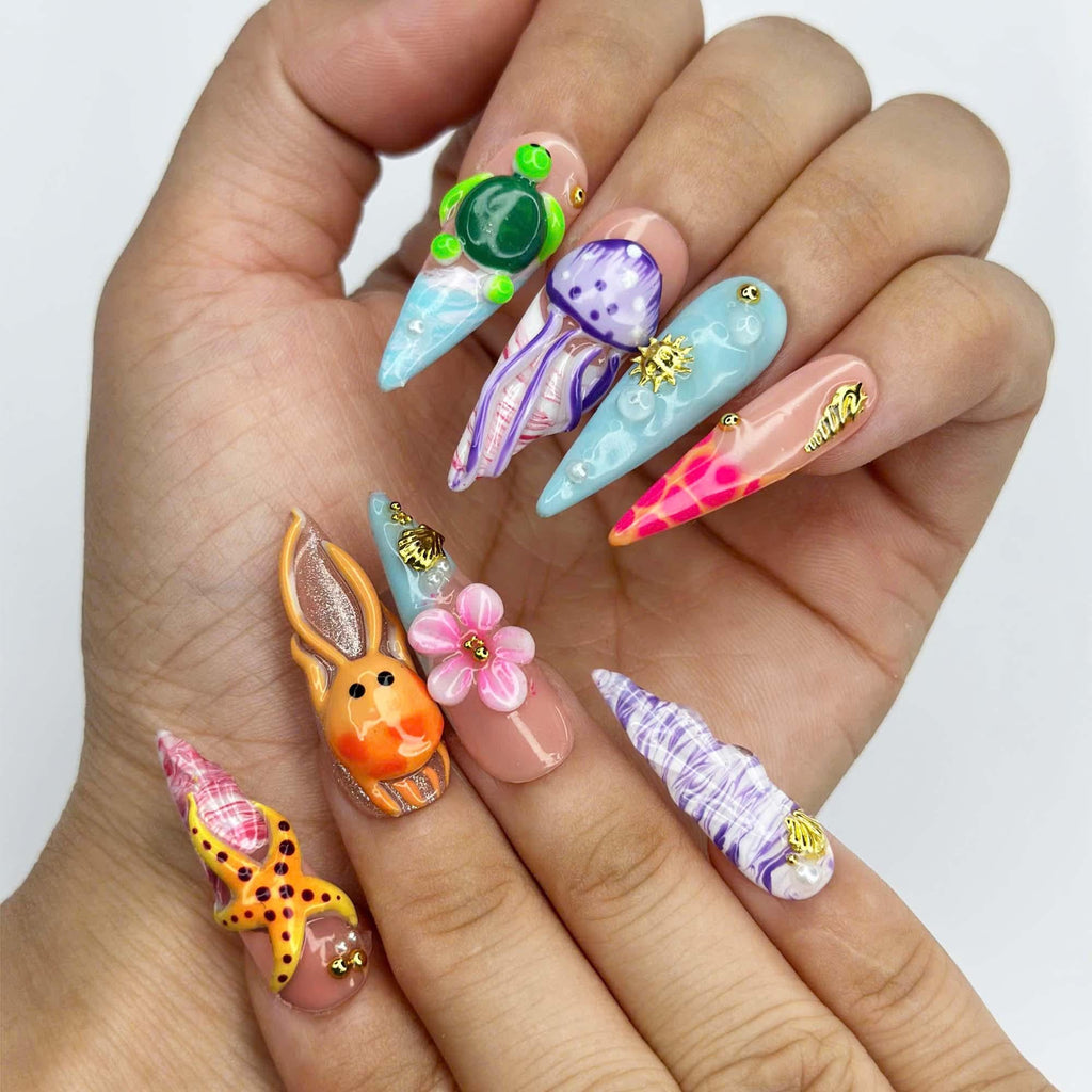 3D Sea Creature Press On Nails | Jellyfish Octopus Turtle Nail Set | Cute Tropical Ocean Nails | Handmade Summer Manicure | JB455JG