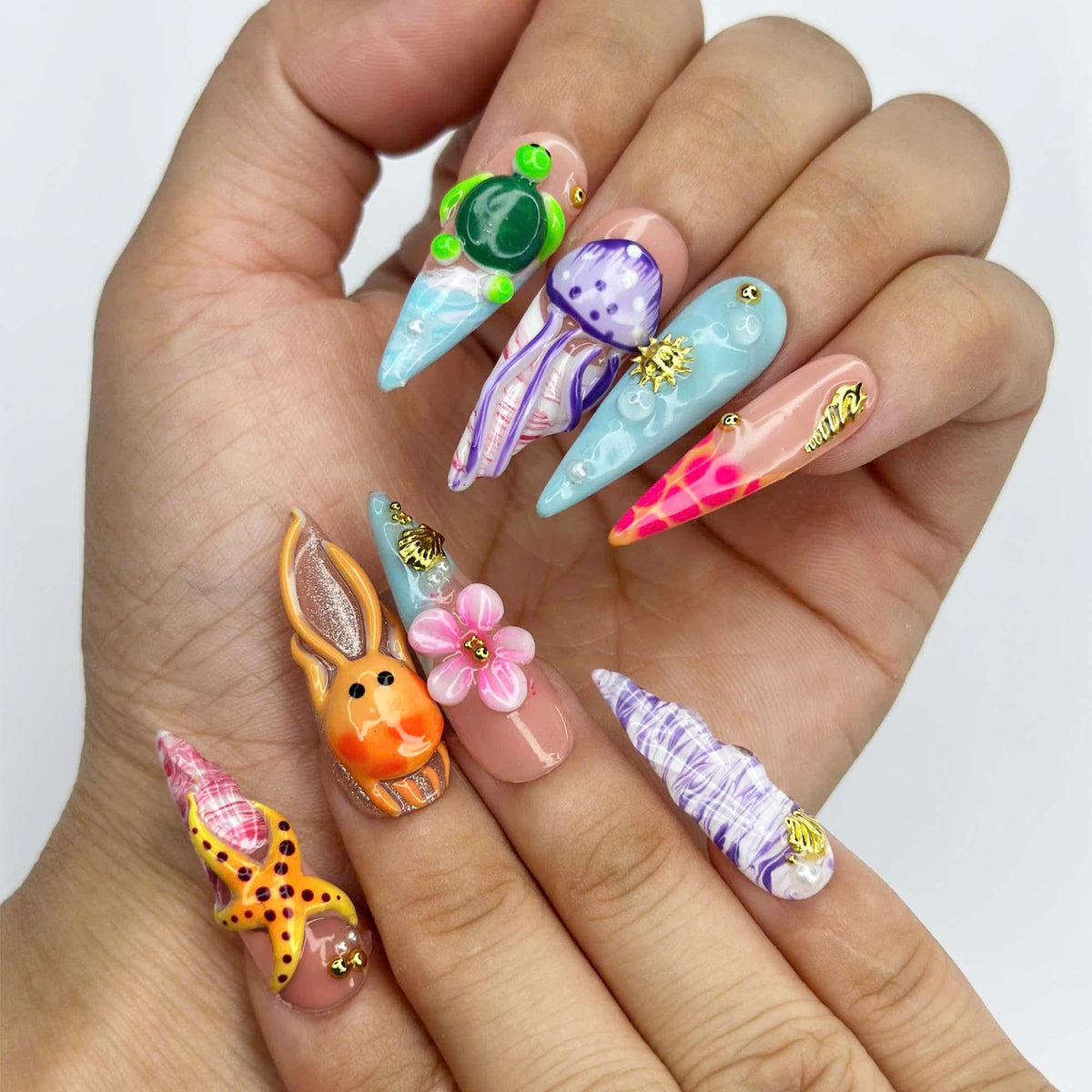 3D Sea Creature Press On Nails | Jellyfish Octopus Turtle Nail Set | Cute Tropical Ocean Nails | Handmade Summer Manicure | JB455JG
