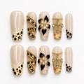 Cheetah Leopard Print Fake Nails • Gold Cross Pearl Charm Coffin Shape • Reusable Glue On Nails • Vacation Party Gift for Her • JB438ZG