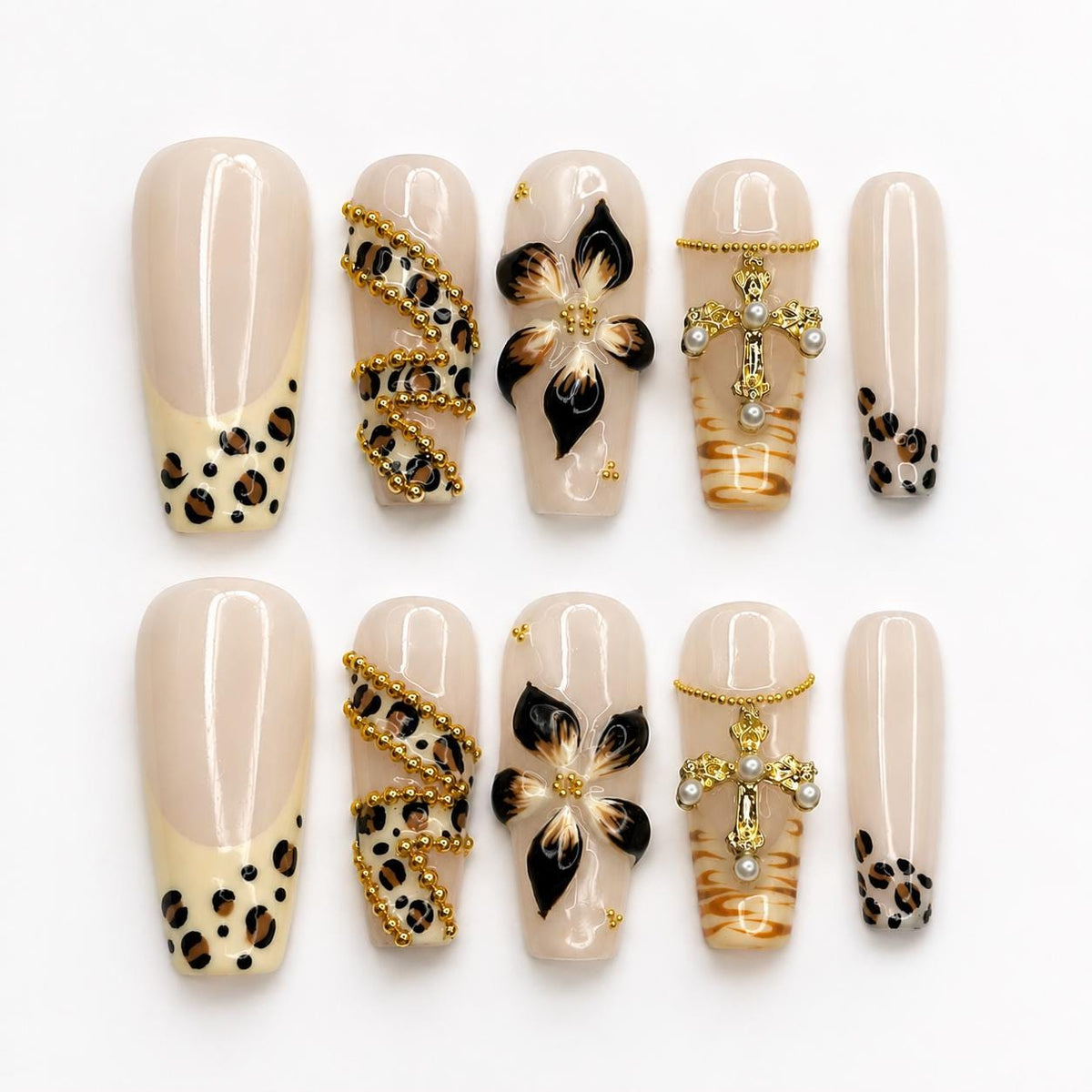 Cheetah Leopard Print Fake Nails • Gold Cross Pearl Charm Coffin Shape • Reusable Glue On Nails • Vacation Party Gift for Her • JB438ZG