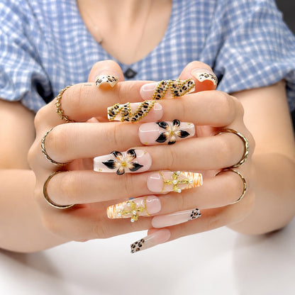 Cheetah Leopard Print Fake Nails • Gold Cross Pearl Charm Coffin Shape • Reusable Glue On Nails • Vacation Party Gift for Her • JB438ZG