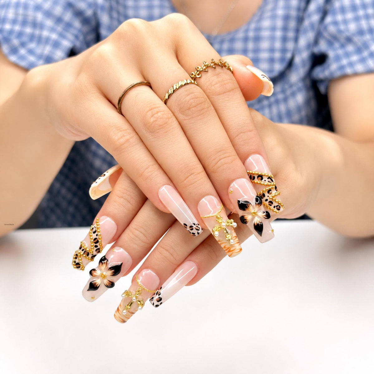 Cheetah Leopard Print Fake Nails • Gold Cross Pearl Charm Coffin Shape • Reusable Glue On Nails • Vacation Party Gift for Her • JB438ZG