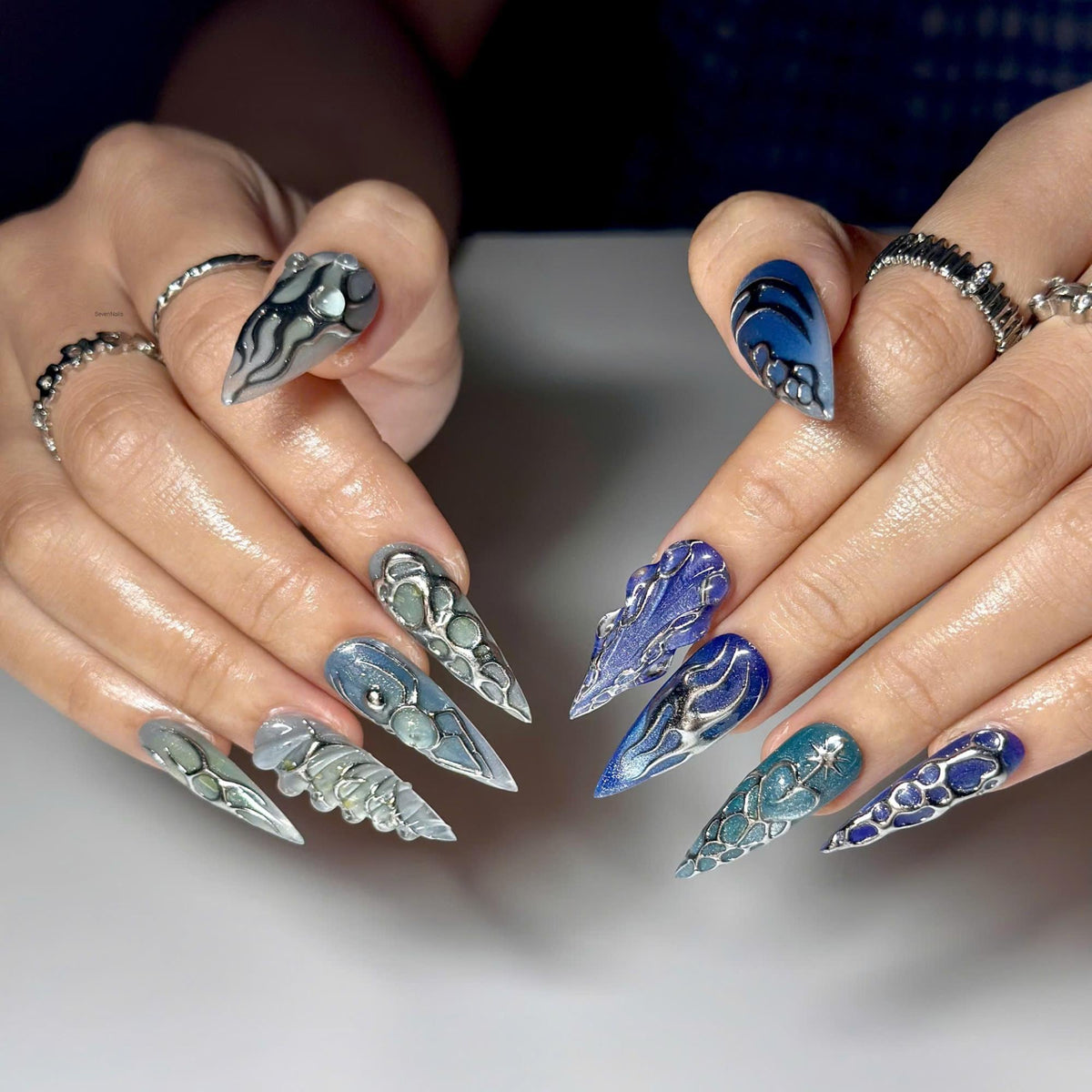 Blue Chrome Press On Nails • Futuristic Ocean Design for Bold Trend Lovers • Perfect for parties, concerts, photoshoots • JC439ZG