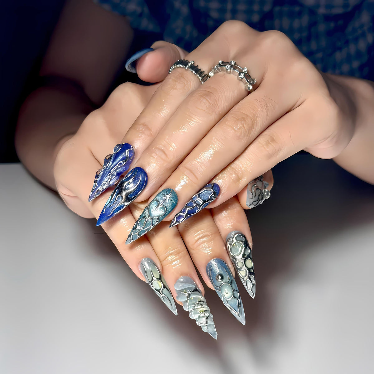 Blue Chrome Press On Nails • Futuristic Ocean Design for Bold Trend Lovers • Perfect for parties, concerts, photoshoots • JC439ZG