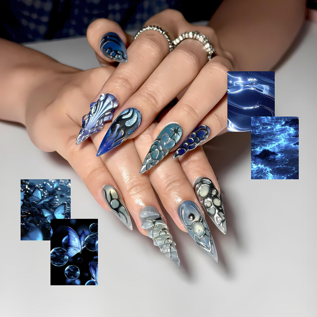 Blue Chrome Press On Nails • Futuristic Ocean Design for Bold Trend Lovers • Perfect for parties, concerts, photoshoots • JC439ZG