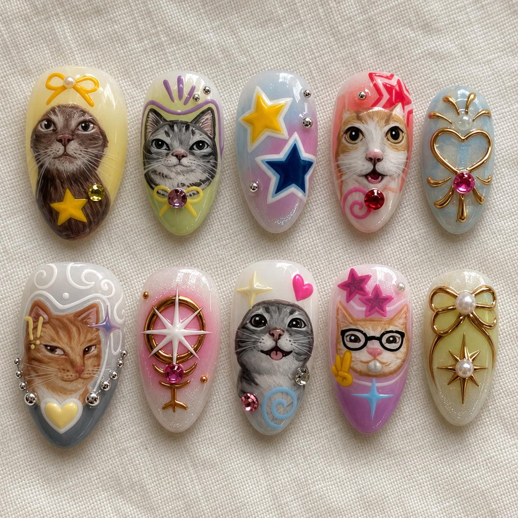 3D Cute Cat Press On Nails, Kawaii Character Nail Art, Handmade Cute Kitty Set