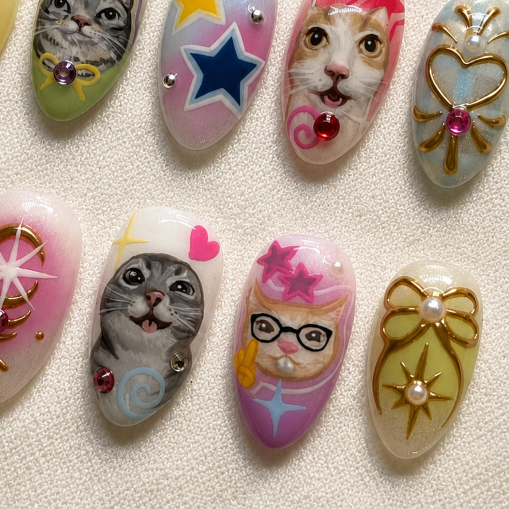 3D Cute Cat Press On Nails, Kawaii Character Nail Art, Handmade Cute Kitty Set