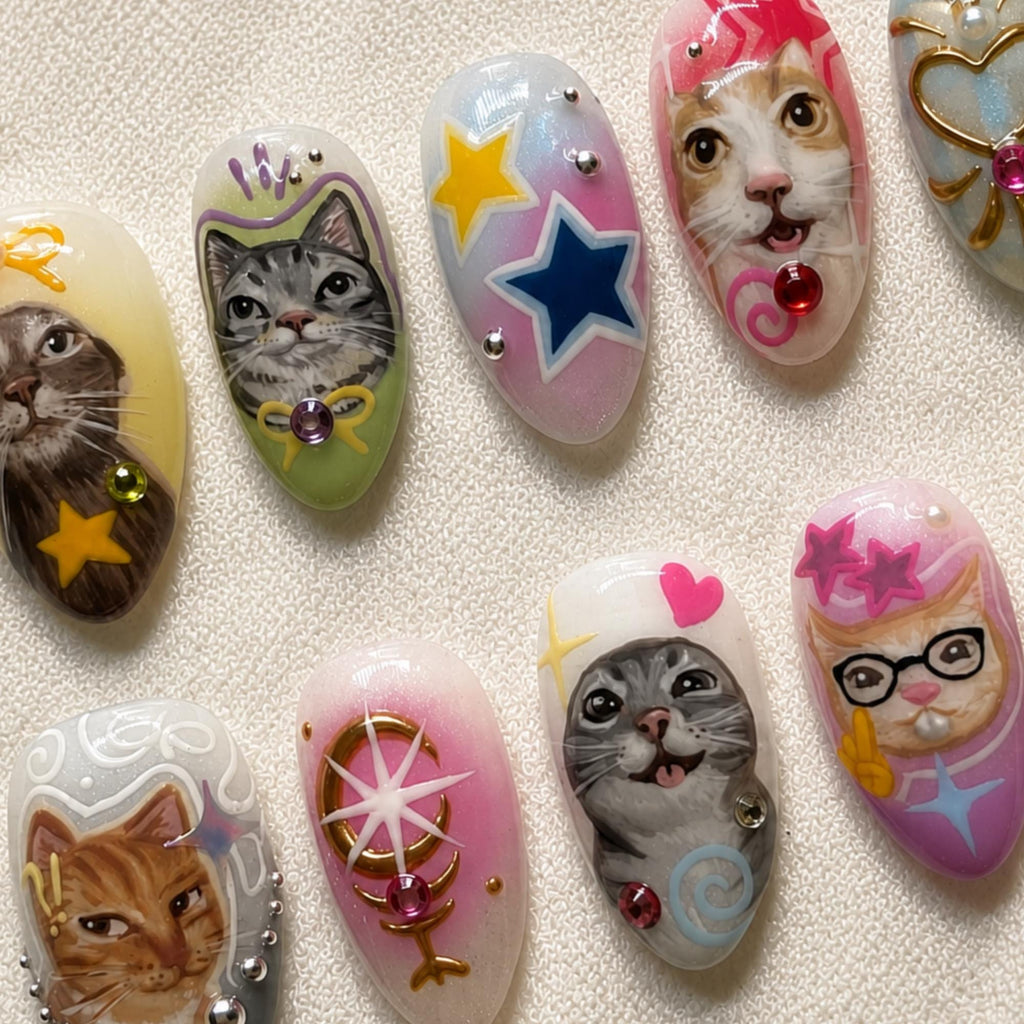 3D Cute Cat Press On Nails, Kawaii Character Nail Art, Handmade Cute Kitty Set