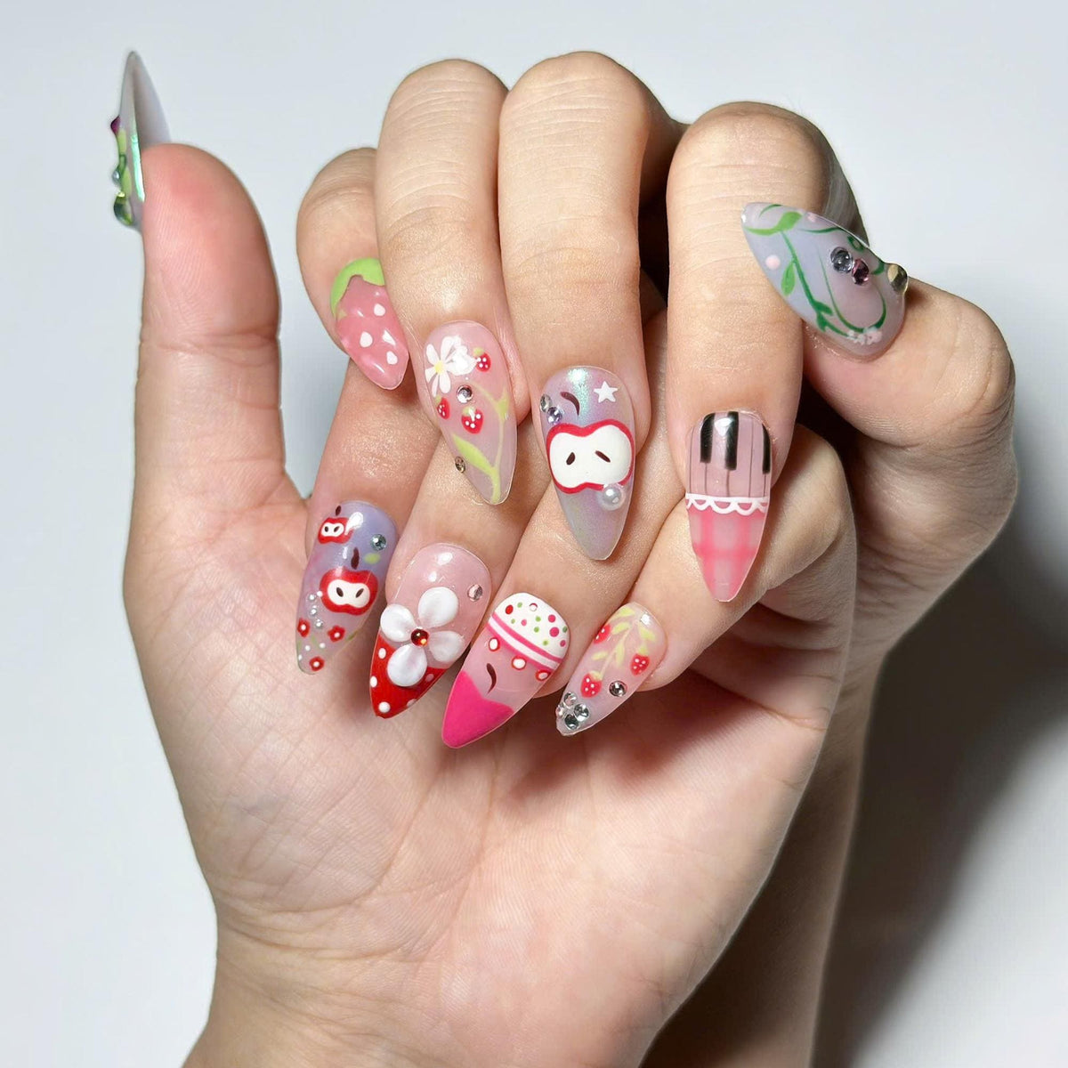 Fruit Aesthetic Press On Nails, Strawberry Apple Nails, Kawaii Press On Nails, Cute Coquette Nails, Handmade Japanese Nail Art, JB456UG