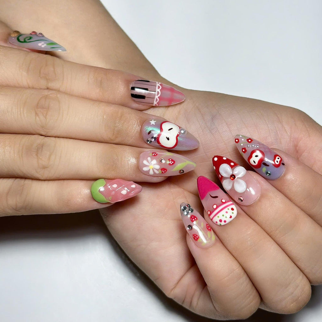 Fruit Aesthetic Press On Nails, Strawberry Apple Nails, Kawaii Press On Nails, Cute Coquette Nails, Handmade Japanese Nail Art, JB456UG