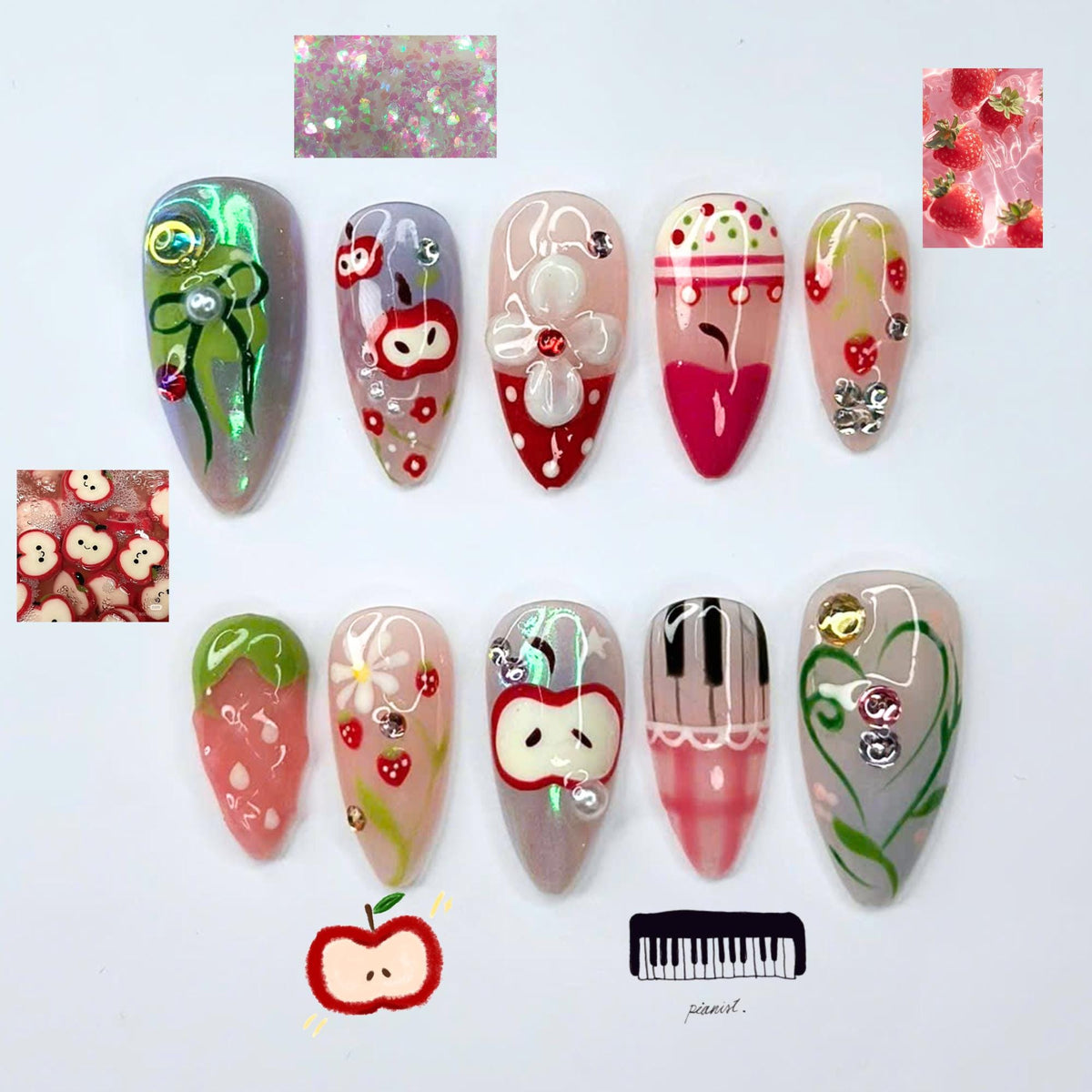 Fruit Aesthetic Press On Nails, Strawberry Apple Nails, Kawaii Press On Nails, Cute Coquette Nails, Handmade Japanese Nail Art, JB456UG
