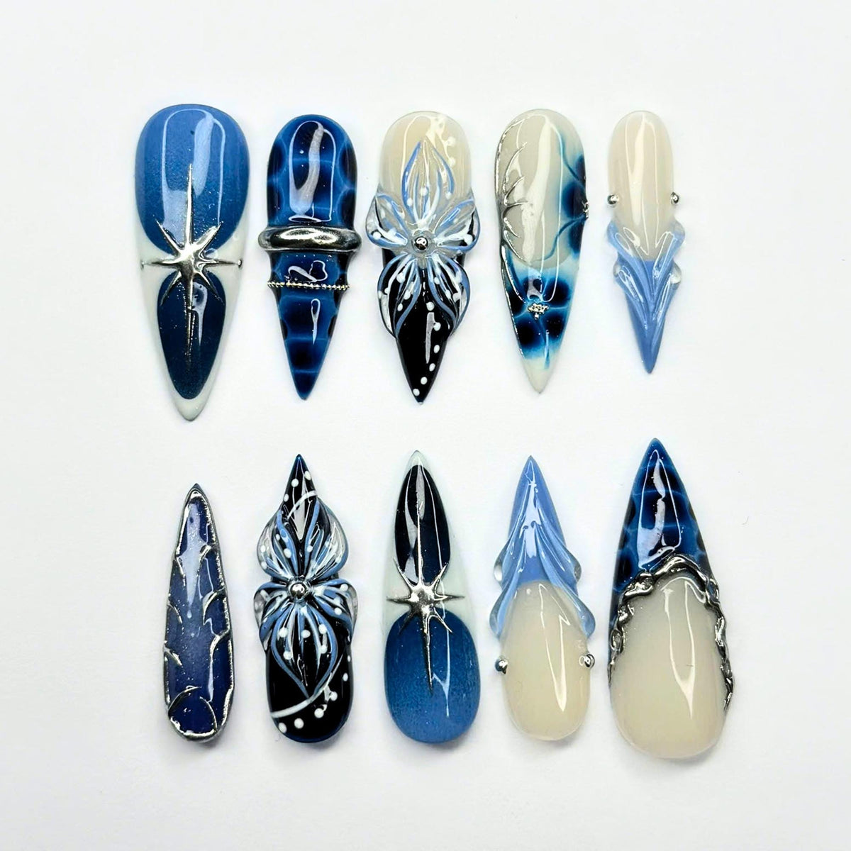 Blue Ocean Press On Nails, Jellyfish Nails, 3D Floral Nails, Navy Blue Aura Nails, Mermaid Press On Nails, Luxury Ocean Nail Art , JC453UC