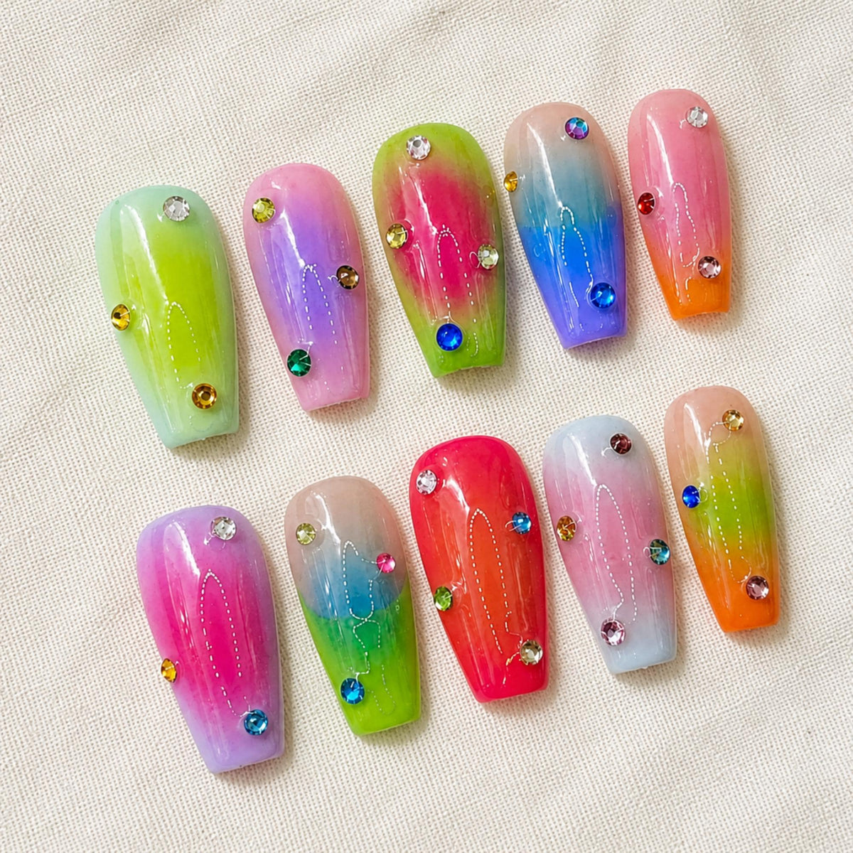 Rainbow Airbrush Press On Nails, Colorful Aura Nail Set, Handmade Neon Jelly Nails