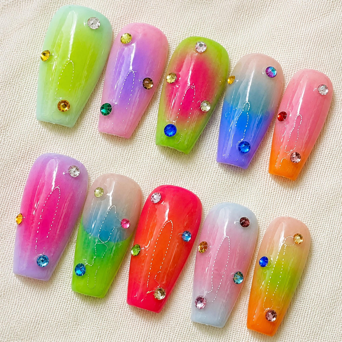Rainbow Airbrush Press On Nails, Colorful Aura Nail Set, Handmade Neon Jelly Nails