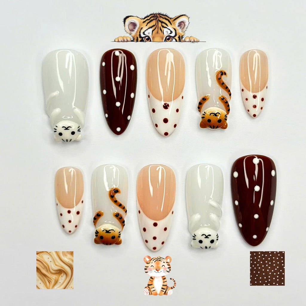 Cute Tiger Press On Nails  |  Kawaii Animal French Tip Nails  |  Brown Neutral Dot Nails  |  Handmade Almond Nail Set  | JB442U