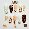 Cute Tiger Press On Nails  |  Kawaii Animal French Tip Nails  |  Brown Neutral Dot Nails  |  Handmade Almond Nail Set  | JB442U