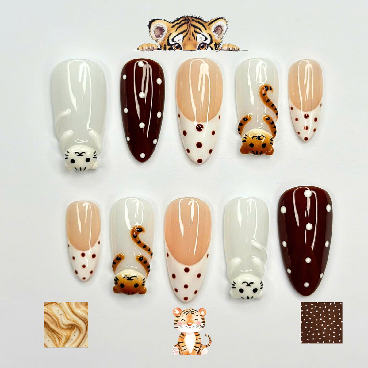Cute Tiger Press On Nails  |  Kawaii Animal French Tip Nails  |  Brown Neutral Dot Nails  |  Handmade Almond Nail Set  | JB442U