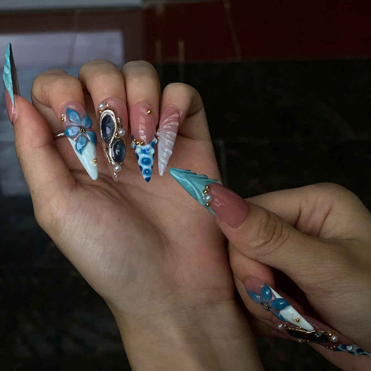 Ocean Flower Press On Nails | Mermaid Beach Nails, Blue Floral Summer Vacation Nails, Luxury Handmade Nail Set  JB440UG