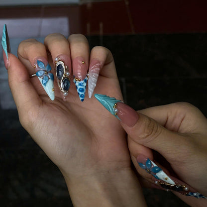 Ocean Flower Press On Nails | Mermaid Beach Nails, Blue Floral Summer Vacation Nails, Luxury Handmade Nail Set  JB440UG