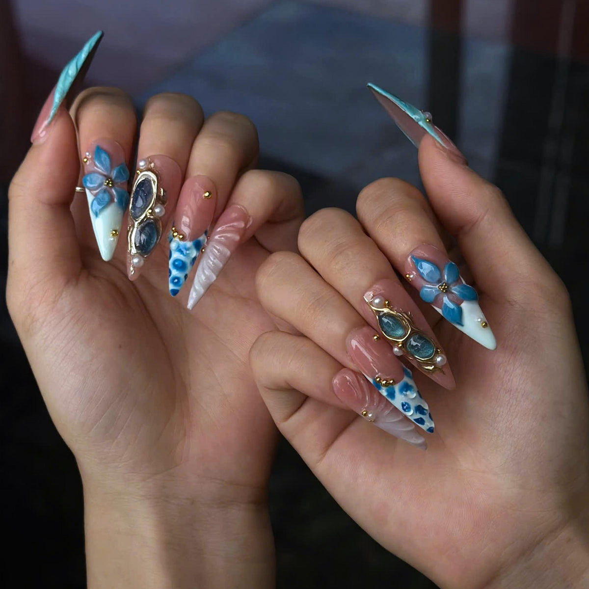 Ocean Flower Press On Nails | Mermaid Beach Nails, Blue Floral Summer Vacation Nails, Luxury Handmade Nail Set  JB440UG