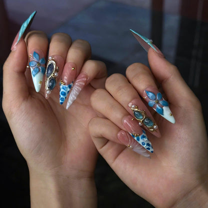 Ocean Flower Press On Nails | Mermaid Beach Nails, Blue Floral Summer Vacation Nails, Luxury Handmade Nail Set  JB440UG