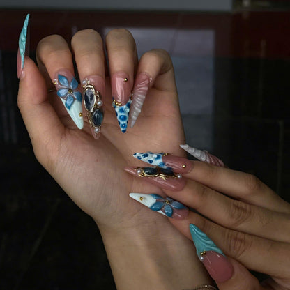 Ocean Flower Press On Nails | Mermaid Beach Nails, Blue Floral Summer Vacation Nails, Luxury Handmade Nail Set  JB440UG
